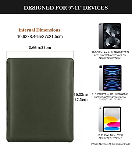 MoKo 9-11 Inch Tablet Sleeve, PU Leather Briefcase Slim Stylish Case Fits New 11-inch iPad Air M4 2026/iPad Pro M5, Air 5/4th 10.9, 10th Gen 10.9, 9/8. Gen 10.2, Tab S8/S9 11, Midnight Green - color: Midnight Green, size: 9-11 inch