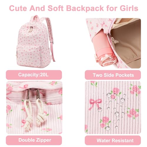 BTOOP School Backpacks for Teen Girls Bookbags Lightweight Kids Backpack School Bags Set with Lunch Box Pencil Case - color: A-pink Bow-pink Flower