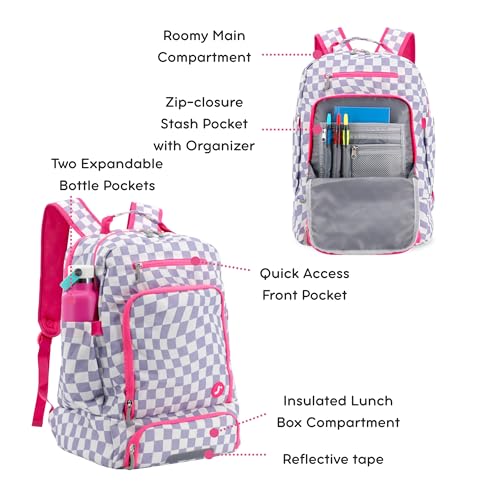 J World New York 2-in-1 Insulated Backpack Lunch Box for Kids. Adult School Bookbag, Lavender Checkers, 17 x 13 x 9 Inches - color: Lavender Checkers
