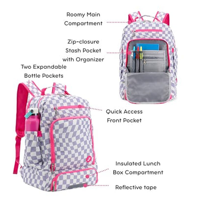 J World New York 2-in-1 Insulated Backpack Lunch Box for Kids. Adult School Bookbag, Lavender Checkers, 17 x 13 x 9 Inches - color: Lavender Checkers