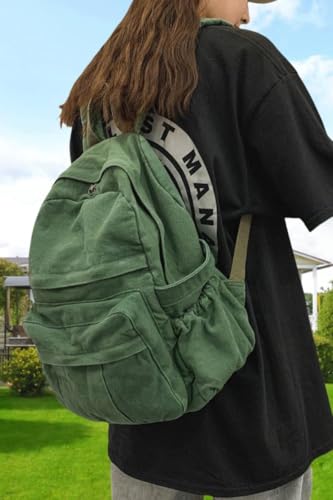 Green Canvas Backpack for Women Retro Aesthetic Rucksack Basic Backpack for High School/College Students Travel Laptop Bag - color: Forest Green