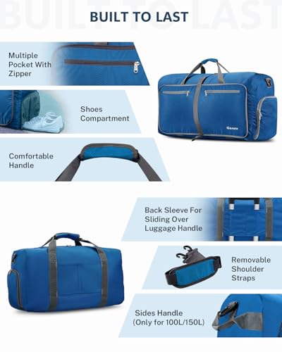 Gonex Large Foldable Travel Duffle Bag with Shoes Compartment, Packable Lightweight Water Repellent Duffel Bag for Camping Gym Weekender Bag - color: Deep Blue, size: 80L