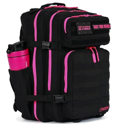 WOLFpak 45L Athletic Gym Backpack (Neon Pink) Durable 1000D Waterproof Oxford Material with MOLLE Webbing, Laptop Pocket & Dual Cup Holders, Durable Fitness/Travel/Military Daypack - color: Neon Pink