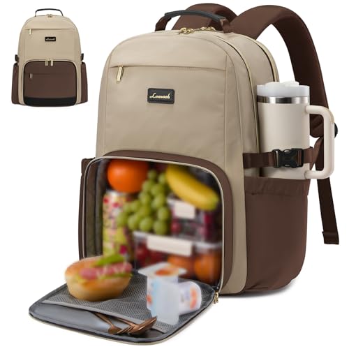LOVEVOOK Lunch Backpack with Lunch Compartment,15.6Inch Laptop Work Travel Insulated Cooler Backpack,Waterproof College Teacher Lunch Bag Box with Tumbler Holder,Gifts for Men Women,Khaki-Coffee-Black - color: Khaki - Coffee - Black, size: 15.6-Lunch