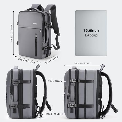 HOMIEE 40L Expandable Carry on Backpack Fit 15.6 Inch Laptop with USB Charging Port for Business Weekender, TSA Approved Personal Item Travel Backpack Waterproof Luggage Suitcase - color: Grey