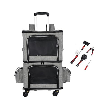 Double Pet Carrier Backpack with Wheels for Small Dogs & Cats, Dual Compartment Rolling Carrier for Vet Visits & Road Trips (Not Designed for Under-Seat Airline Travel, Check Size Guide)