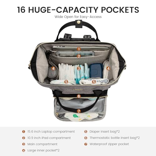 LOVEVOOK Diaper Bag Backpack, Baby Bag with Changing Station, Large Diaper Backpack for Mom Dads, Waterproof Leather Mommy Bag for Boy and Girl, Travel Essential Baby Shower, Black-Grey - color: Black-grey