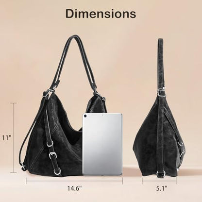 3-Way Convertible Hobo Bag for Women, Soft Shoulder Backpack, Casual Daily Tote Purse with Adjustable Strap - color: Black