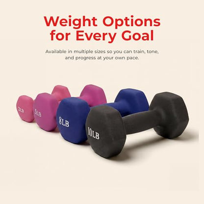 Sunny Health & Fitness Neoprene Coated Hex Shaped Dumbbell Non-Slip Fitness Weights for Home Gym Exercise, Full Body Workout Strength Building, Weight Loss, Sold in Pairs - Sizes - 2LB, 5LB, 8LB, 10LB - style: 5 Pounds