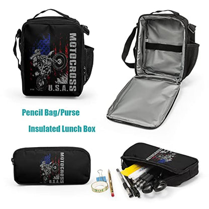 Giwawa Motocross Vehicle Teens School Backpack Set American Flag Canvas Girls Boys School Bags Travel Bookbags 3 in 1 - color: Motorcycle Flag