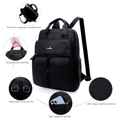 Angel Kiss Backpack Purse for Women Soft Washed Leather Multi Pocket Casual Travel Backpacks… - color: Black