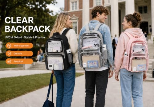 Sisipoet Clear Backpack for School, Heavy Duty PVC Transparent Backpack with Oxford Fabric Side Panels, Large Clear Bookbag for Teens Students Women Men, Grey - color: Grey