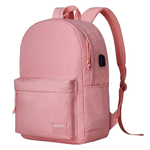 SUPACOOL Casual Laptop Backpack for Men and Women, Backpack for College, USB Charging Port, Lightweight Pack Back(Pink) - color: Pink, size: 20L