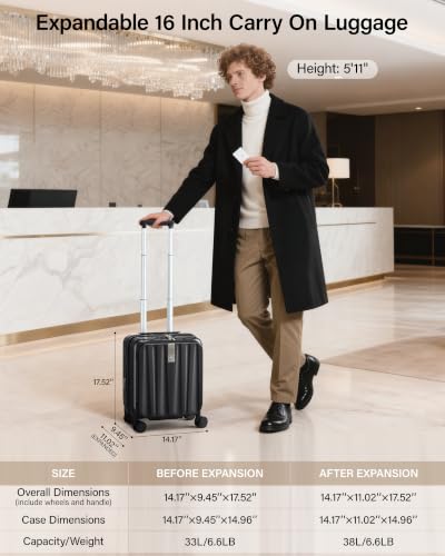 Hanke Top Opening Carry-On - Expandable 16 Inch Airline Approved Spinner | Easy-access top opening,360° spinner wheels,lightweight expandable hardshell, fits overhead bins,for overnight business trips - color: Jet Black, size: 16 Inch Expandable