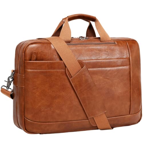 Faux Leather Messenger Bag for Men | 17-17.3 Inch Leather Mens Laptop Bag Leather Briefcasen Convertible Backpack 3 in 1 Computer Handbags Work Bag Shoulder Crossbody Bag Office | Vintage Brown - color: Brown-1