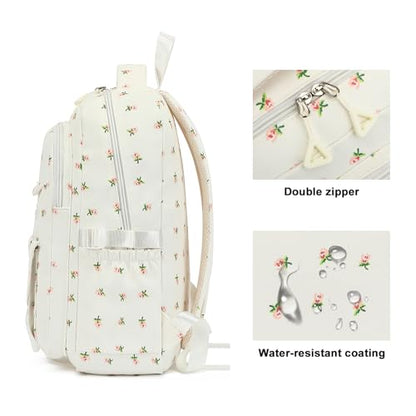 Kids High Middle School Backpack for Girls 5-12 Kawaii Travel Flower Bookbag,Beige Flower - color: Beige Flower
