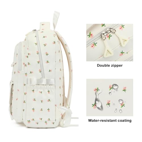 Kids High Middle School Backpack for Girls 5-12 Kawaii Travel Flower Bookbag,Beige Flower - color: Beige Flower