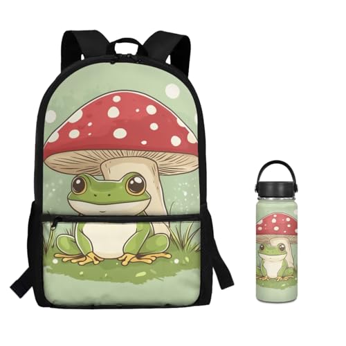ZOUTAIRONG School Bag Set and Durable Thermos Two Piece Backpack Set Mini Water Up and School Bags with 2 Side Pockets, Frog Mushroom Print - color: Frog Mushroom