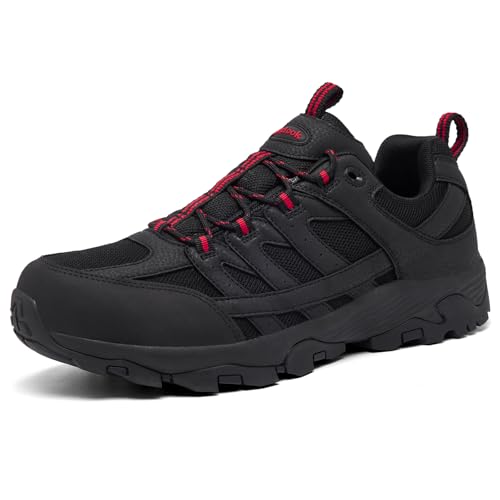 SHULOOK Men's Waterproof Hiking Shoes Lightweight Anti Slip Outdoor Ankle Boots Breathable Hike Trekking Trails Shoe - color: Black/Red-02, size: 10.5
