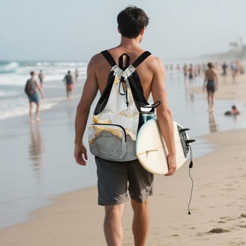 Drawstring Backpack Summer Camp Bag With Pockets Pull String Bag Dry Wet Separation Marble White Grey - color: Color 11