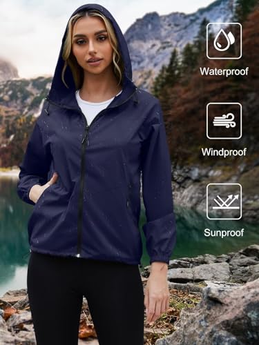PITINAN Lightweight Rain Jacket Women Packable Wind Breaker Light Rain Jacket Women Waterproof Travel Raincoat S-XXL - color: Navy Blue, size: Medium