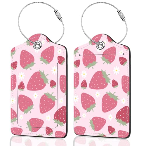 2Pack Luggage Tags for Suitcases, Cute Unique Pu Leather Cruise Luggage Tag with Privacy Cover ID Label Address Card and Metal Ring Suitable for Women Men Kids Travel Bag Pink Strawberry - color: Pink Strawberry