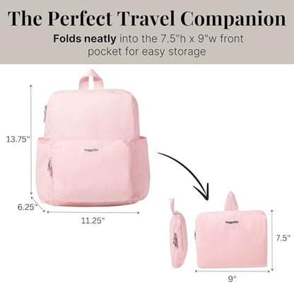 Carryall Packable Lightweight Travel Backpack 14x11" Folding Compact Nylon Washable Weekender Daypack w/Luggage Sleeve - color: Bagg Pink