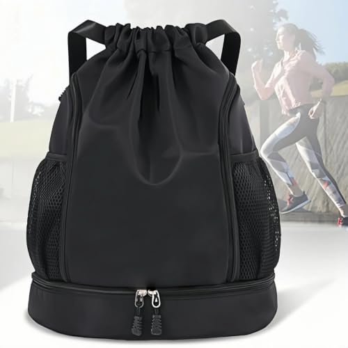 Drawstring Gym Backpack Multipocket Sports Sack with Mesh Pockets | Adjustable Strap Double Zipper Design, Large Capacity Lightweight for Gym Swim Travel Camping Outdoor - color: Black