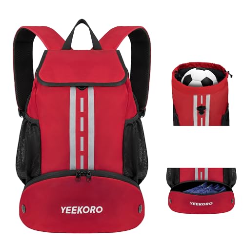 Soccer Backpack Multifunctional Sport Gym Bags with Dry-wet Separate & Shoe Compartment for Basketball Volleyball - color: Upgraded Red