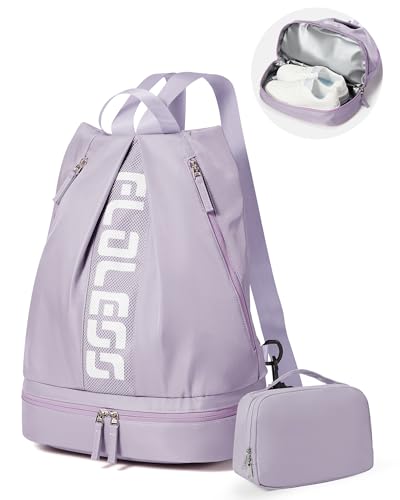 Gym Backpack for Women with Shoe Compartment, Sport Backpack Casual Daypack for Girls, Small Cheer Bag Outdoor Leisure with Toiletry Bag, Purple - color: E-purple(+ Toiletry Bag)