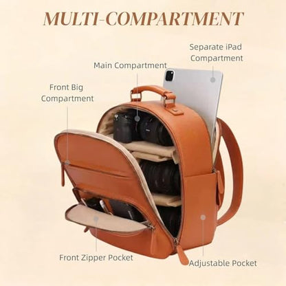 Small Camera Backpack, Classic PU Leather for DSLR, Professional Camera Bag for Photographers with 11 Inch Pad/Tablet Compartment, 10L Brown - color: Brown