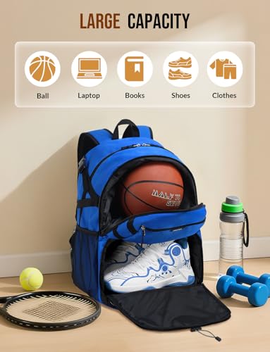Basketball Backpack with Shoe Compartment Large Basketball Bag with Ball Holder for Men Women Gym Backpack fit Volleyball Football for Sports Travel Gym - Blue - color: Blue