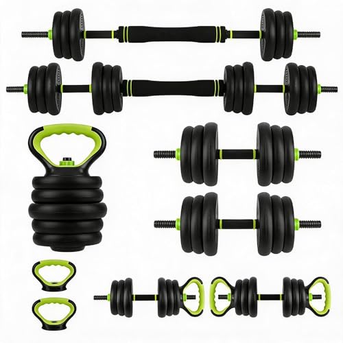 44LB 4-in-1 Adjustable Dumbbell Set – Dumbbells, Barbells, Kettlebells & Push-Up Handles – Home Gym Strength Training – Anti-Slip ABS Grip, Quiet Rubber-Coated Plates, Compact Design, Black+Green