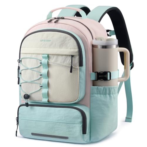 LOVEVOOK School Backpack for Teen Girls, Unique Style College Student Backpacks with Large Cup Holder, Cute Kid Bookbag with Pens Compartment, Large Capacity Back to School Backpack Fit 15.6'' Laptop - color: Green Pink Beige, size: Medium