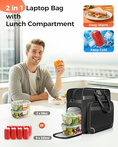 MATEIN Laptop Bag with Insulated Lunch Compartment, 16 Inch Men Lunch Bags for Work, Water Resistant Anti Theft Business Mens Briefcase, Computer Carrying Case Messenger Shoulder Bag for Office, Black