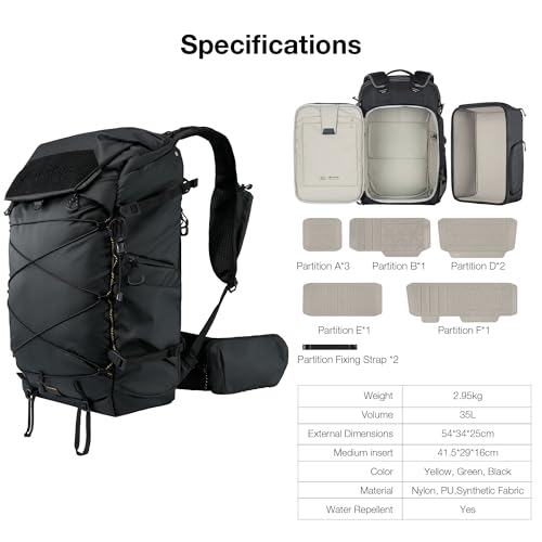 LEOFOTO 35L Camera Backpack for Photographer, Lightweight Waterproof Travel Camera Bag for Camera/Drone/15.6" Laptop, Photopraphy Bag with Side Access & Rain Cover, Tripod Compatible, 2.95KG (BLACK) - color: 35l-bag+large Insert-black