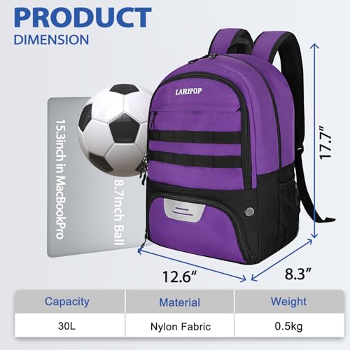 LARIPOP Soccer Backpack with Ball Holder & Shoe Compartment Large Capacity Sports Bag for Training - color: purple