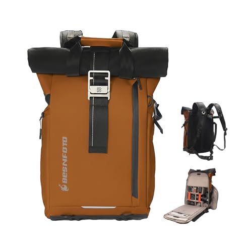 Besnfoto Camera Backpack, Waterproof Travel Camera Bag for Photographer Expandable Roll Top Photography Case for DSLR SLR Mirrorless Camera Fit up to 15.6 inch Laptop with Rain Cover - color: Orange Ii