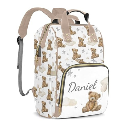 Bear Custom Name Diaper Bag Large Khaki and Brown Monogram Diaper Bag Nappy Backpack for Boys, Large Storage Adjustable Mom Bags Backpack (Bear) - color: Bear
