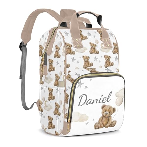 Bear Custom Name Diaper Bag Large Khaki and Brown Monogram Diaper Bag Nappy Backpack for Boys, Large Storage Adjustable Mom Bags Backpack (Bear) - color: Bear
