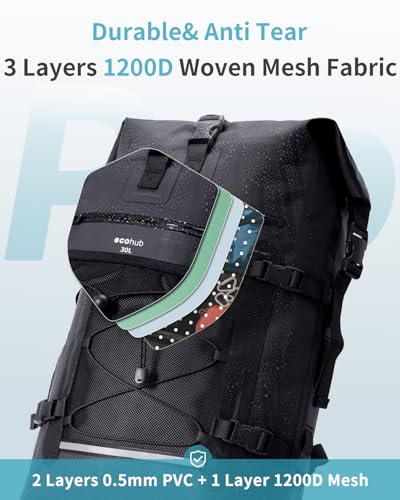 ECOHUB Waterproof Backpack for Women Men, 30L Roll-Top Closure Heavy Duty Dry Bag for Travel with IPX8 Waterproof Phone Case - color: Black