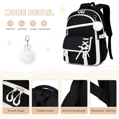 Scothen 3PCS Girls Backpack for School, Kids Backpack for Girls with Lunch Bag Pencil Case, Kids Bookbag Teen Backpacks for Elementary Middle High School - color: Black-white