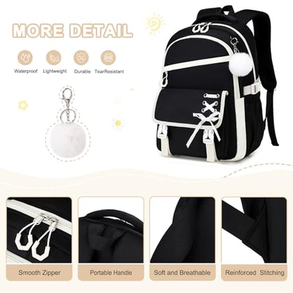 Scothen 3PCS Girls Backpack for School, Kids Backpack for Girls with Lunch Bag Pencil Case, Kids Bookbag Teen Backpacks for Elementary Middle High School - color: Black-white