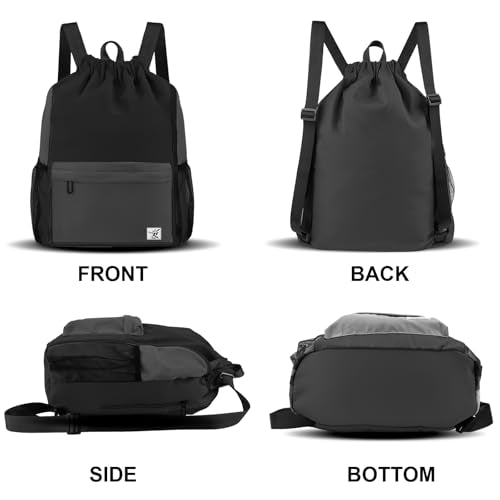 Drawstring Backpack with Mesh Pockets String Gym Bag Sackpack Sandproof Water Resistant Beach Backpack for Men Women - color: Black Gray