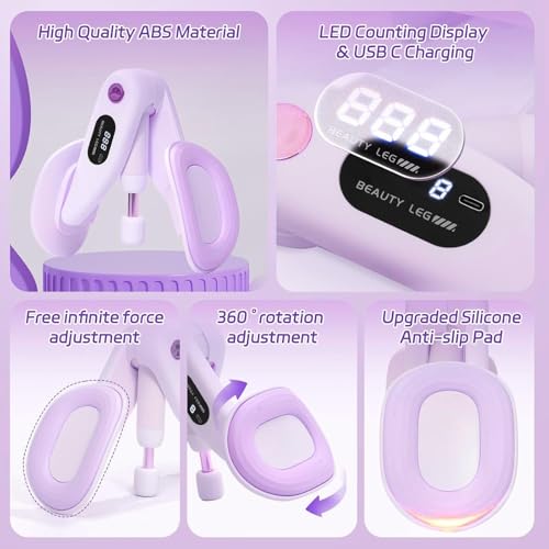 Upgraded Purple Inner Thigh Exerciser with LED Display, 0-70lb Adjustable Inner Thigh Exerciser, Pelvic Floor Muscle Trainer, 360°Hip Trainer for Women Postpartum Recovery