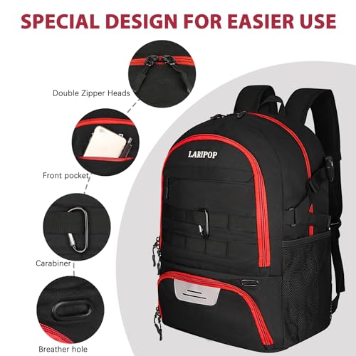 LARIPOP Soccer Backpack with Ball Holder & Shoe Compartment Large Capacity Sports Bag for Training - color: Red