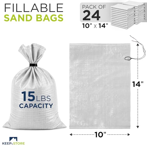 Heavy Duty Sand Bags Pack of 24, White Empty Sandbags with Built-In Ties, Woven Polypropylene UV Protection 1600 Hours, Fillable Bags for Flood Control, Weight, 10x14 inches, 15 Pounds Volume - size: 10"W x 14"L, style: Pack of 24
