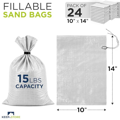 Heavy Duty Sand Bags Pack of 24, White Empty Sandbags with Built-In Ties, Woven Polypropylene UV Protection 1600 Hours, Fillable Bags for Flood Control, Weight, 10x14 inches, 15 Pounds Volume - size: 10"W x 14"L, style: Pack of 24