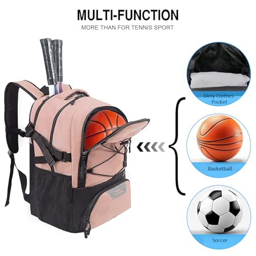 WOLT Tennis Bag - Large Tennis Racket Backpack for Men & Women - Ventilated Shoe Compartment - Holds 2 Rackets - color: Lightpink