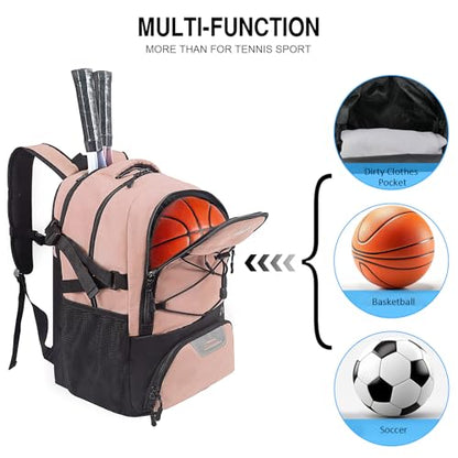 WOLT Tennis Bag - Large Tennis Racket Backpack for Men & Women - Ventilated Shoe Compartment - Holds 2 Rackets - color: Lightpink